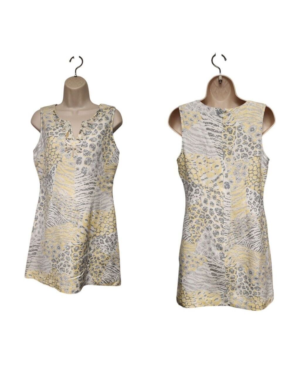 Ruby Rd. Beaded Notched V-Neck Floral Linen Shift Dress White Size 6P